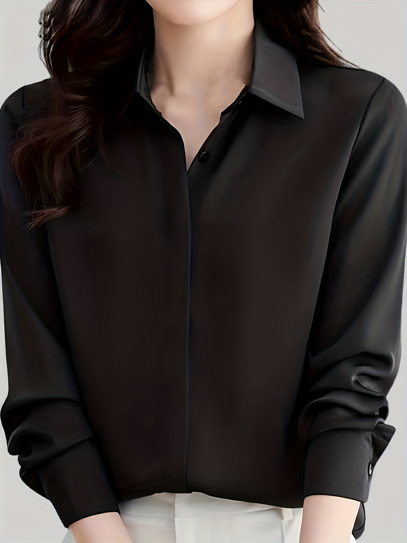 Women's Polyester Long Sleeve Blouse Solid Color Lapel Collar Non-Stretch Woven Professional Style