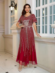 Women's Beaded Striped Long Dress Evening Gown for Weddings and Formal Events