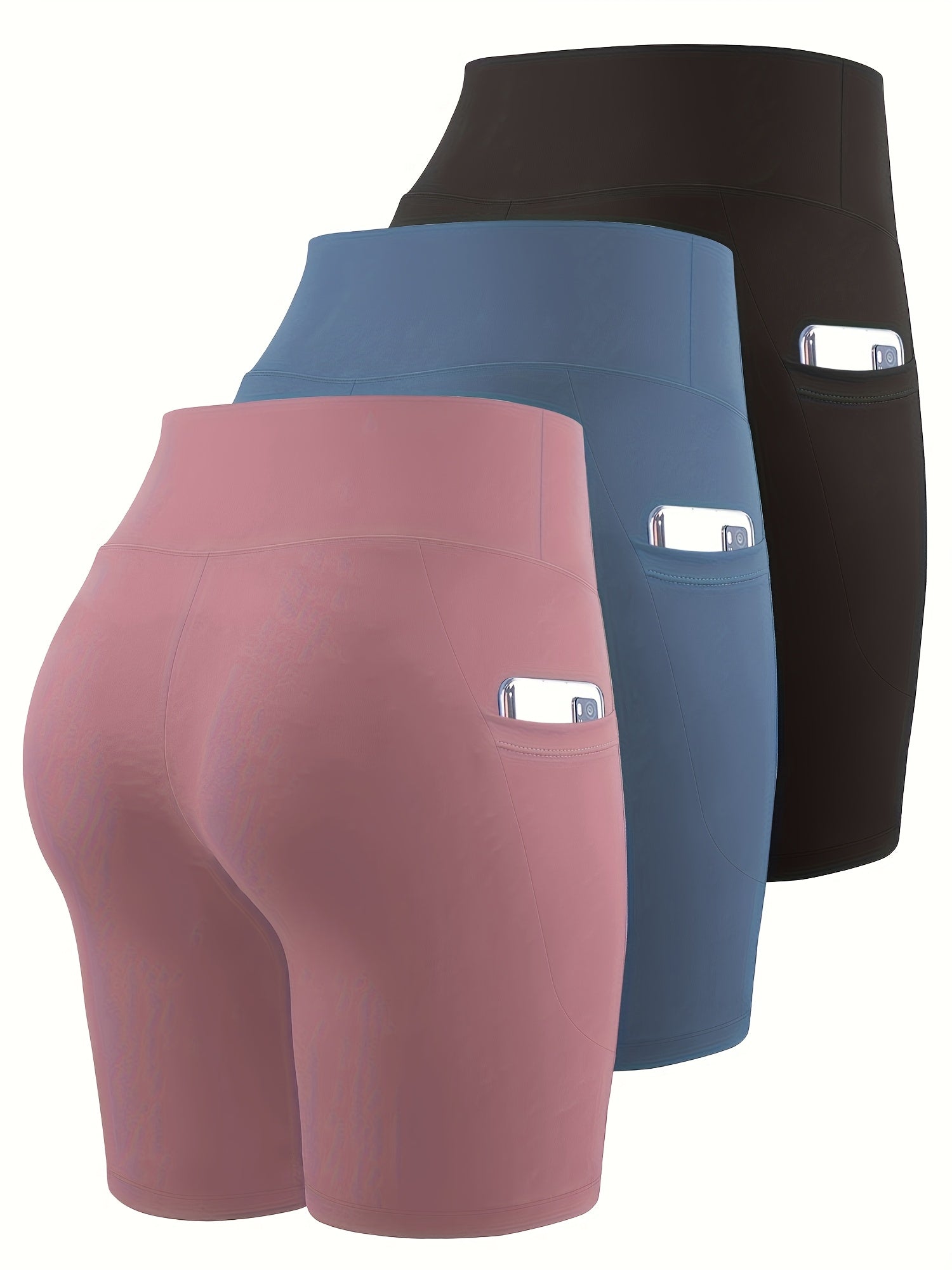 Plus Size High-Waisted Yoga Shorts Set with Pockets and Crescent Design