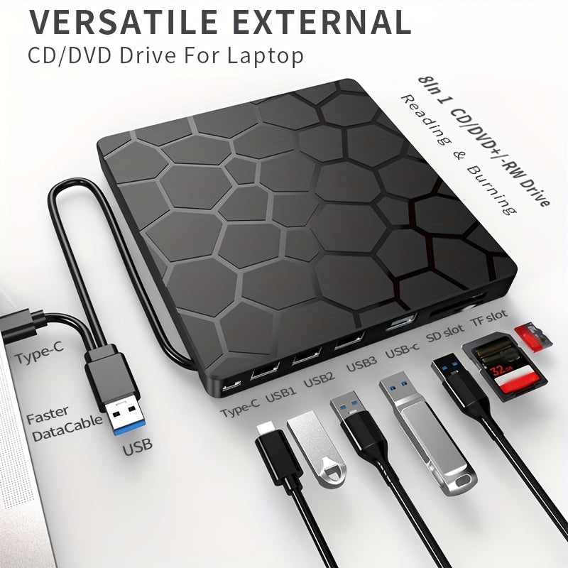 External USB 3.0 CD/DVD Drive for Laptops Hexagonal Design Supports CD VCD DVD Playback and Burning