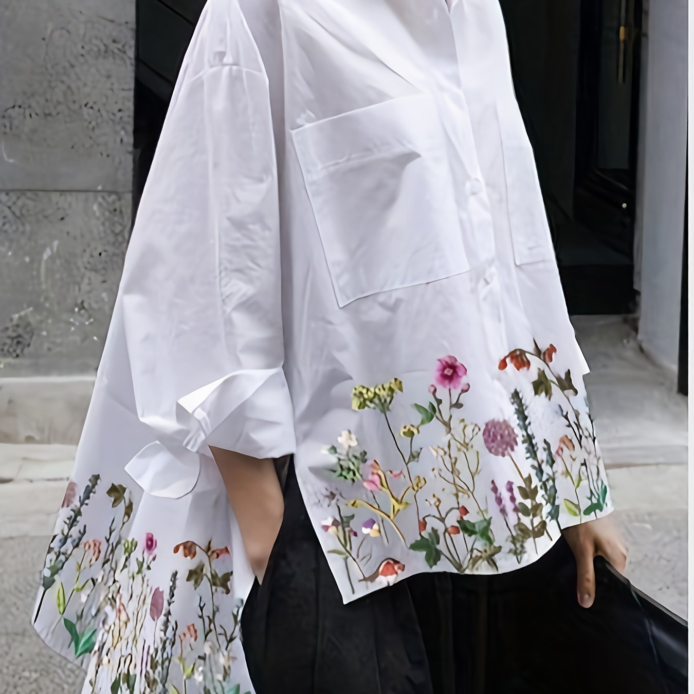 Blusa oversize de estampado floral para mujer, mezcla de poliéster, diseño de parte frontal corta y parte trasera larga