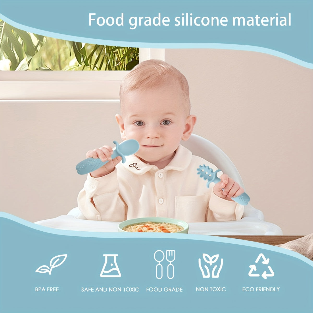 Set of 3 Soft Feeding Tableware for Toddlers Silicone Rice Paste Spoon and Fork