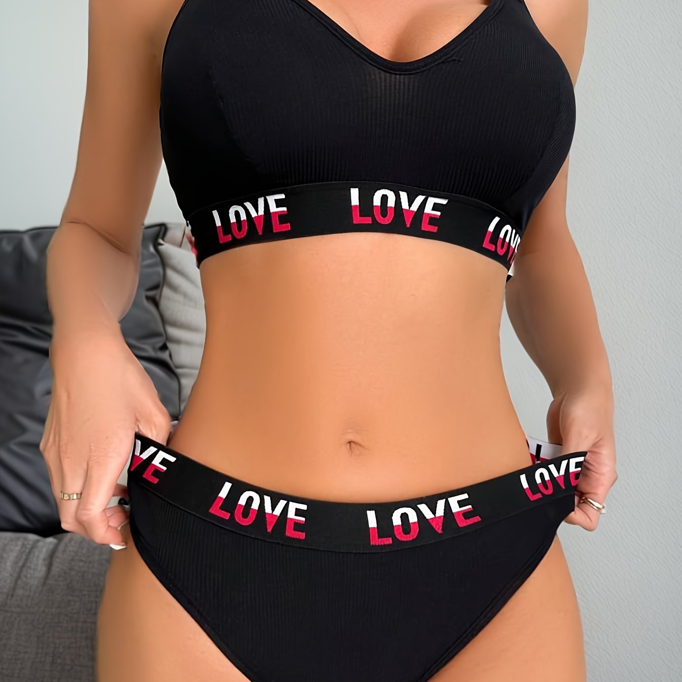 Women's Lingerie Set with Love Print Wireless High-Waisted Elastic Thong Polyester Elastane