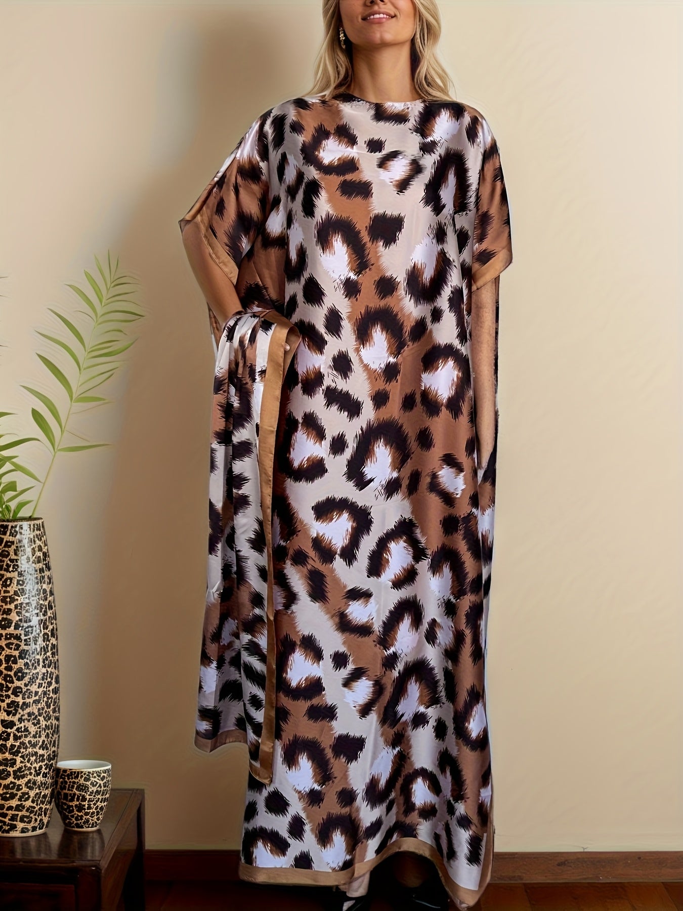 Plus Size Women's Leopard Print Tunic Dress with Scarf Brown Casual All-Season
