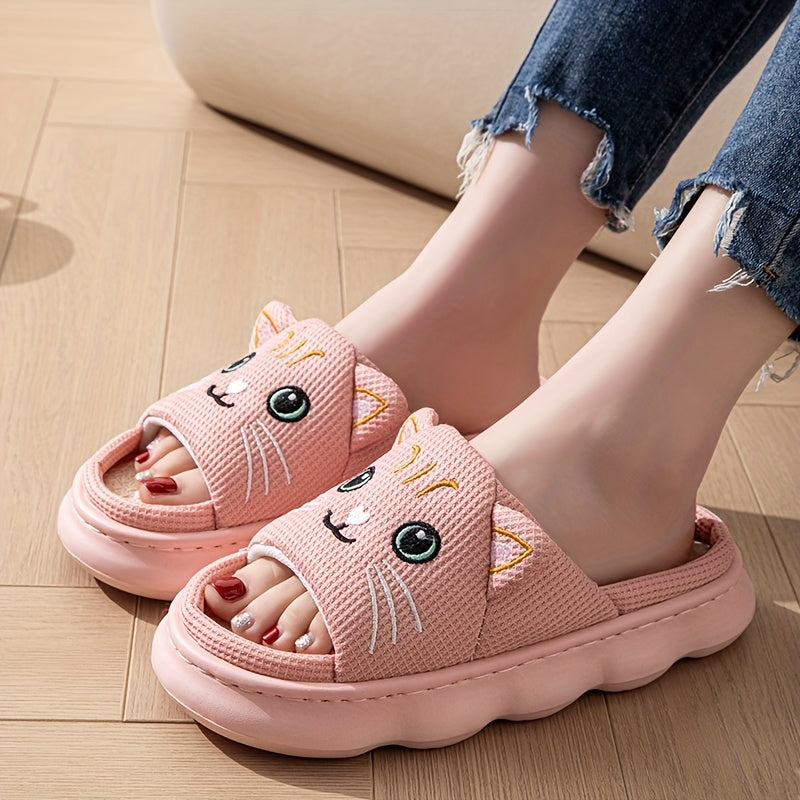 Women’s Slip-On Slippers with Cat Face Design, Soft Fabric, Indoor Shoes