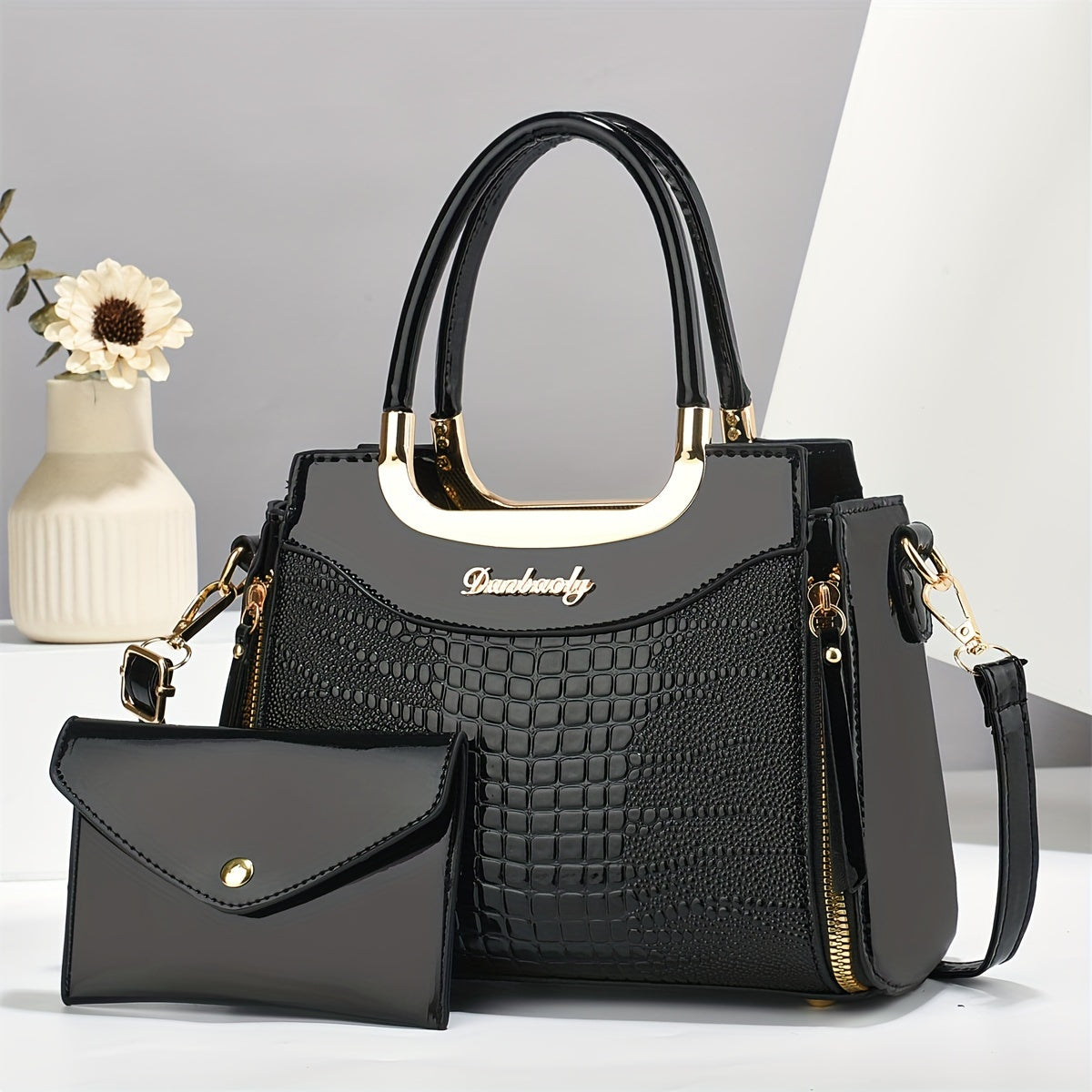 Animal Print Vegan Leather Shoulder Bag Set with Wallet Adjustable Strap Zip Closure Lightweight