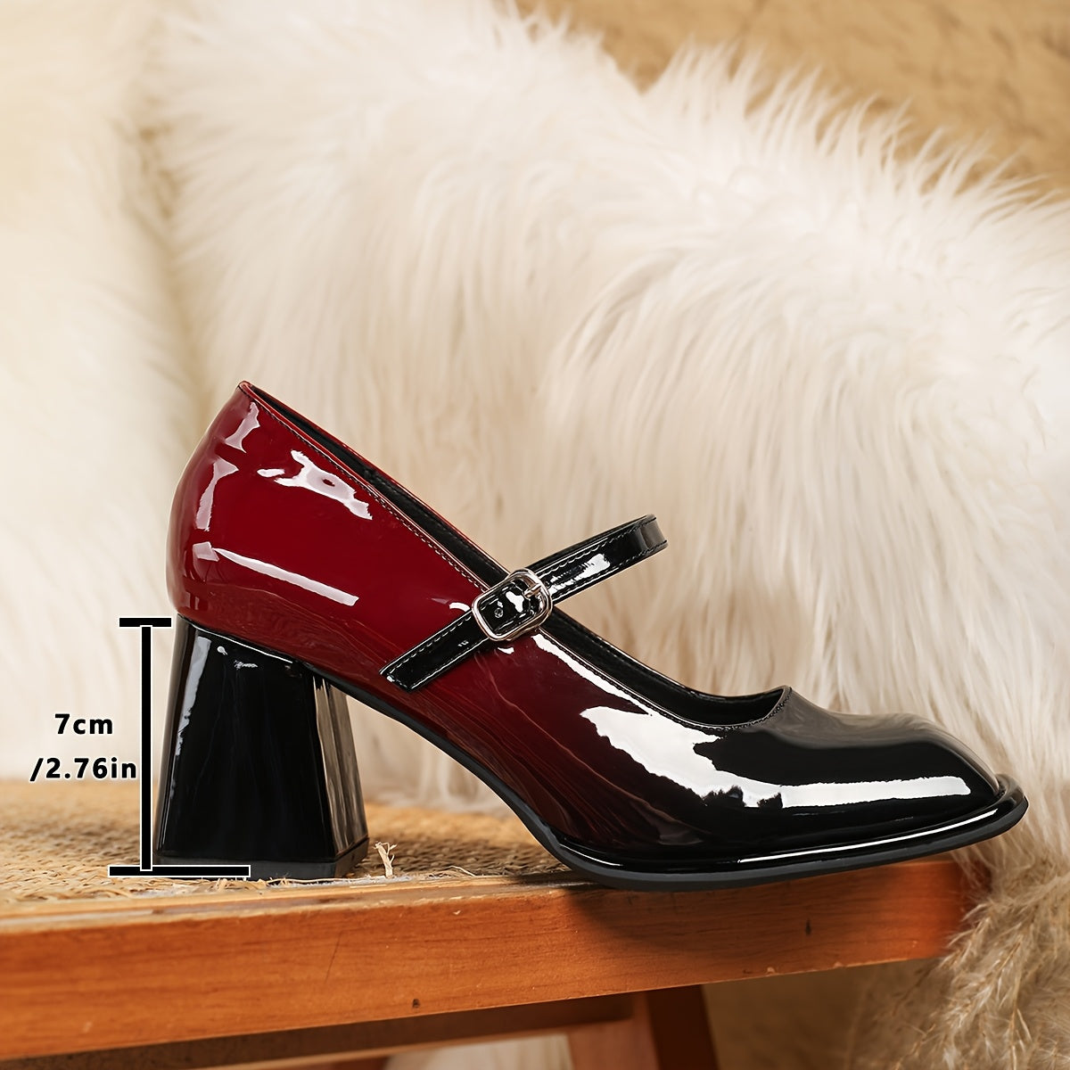 Women Black Red Mary Jane Shoes Glossy Synthetic Square Toe Heel