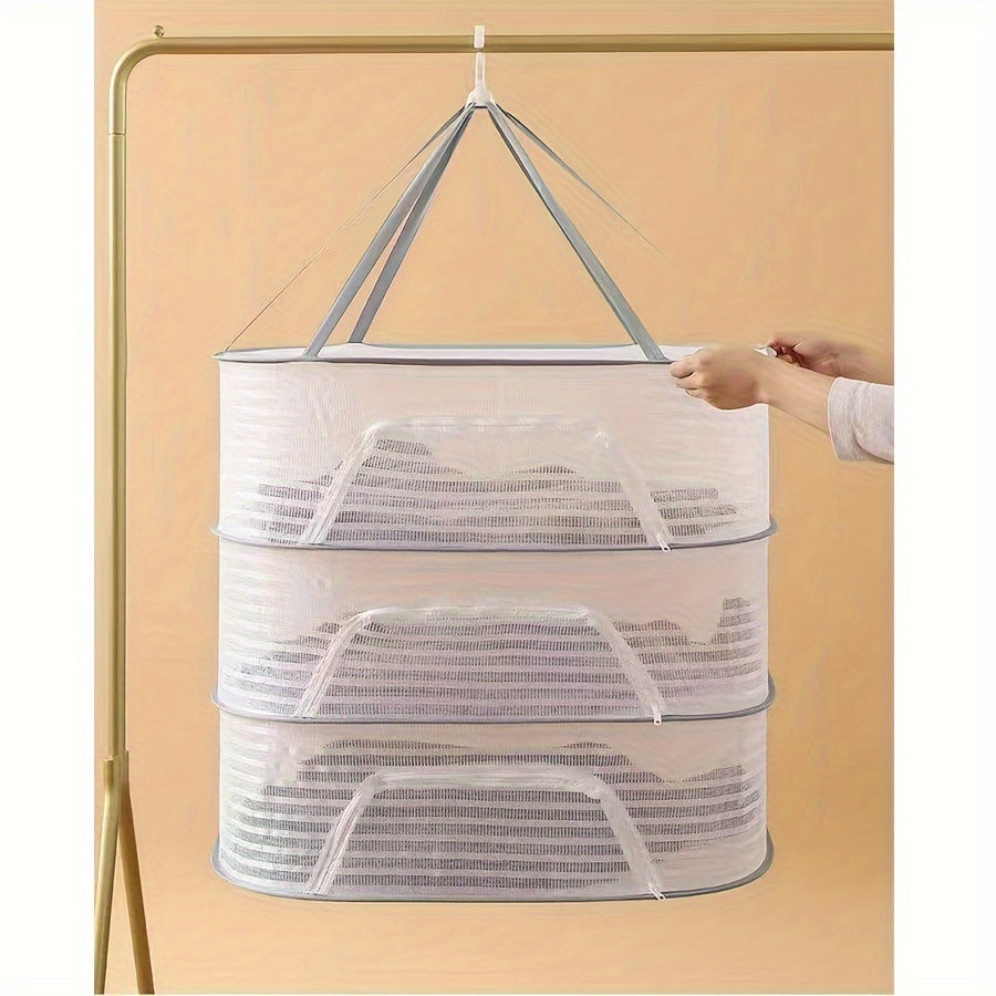 Foldable Mesh Drying Rack with Zipper 3-Tier Multi-Functional Hanging Laundry Organizer
