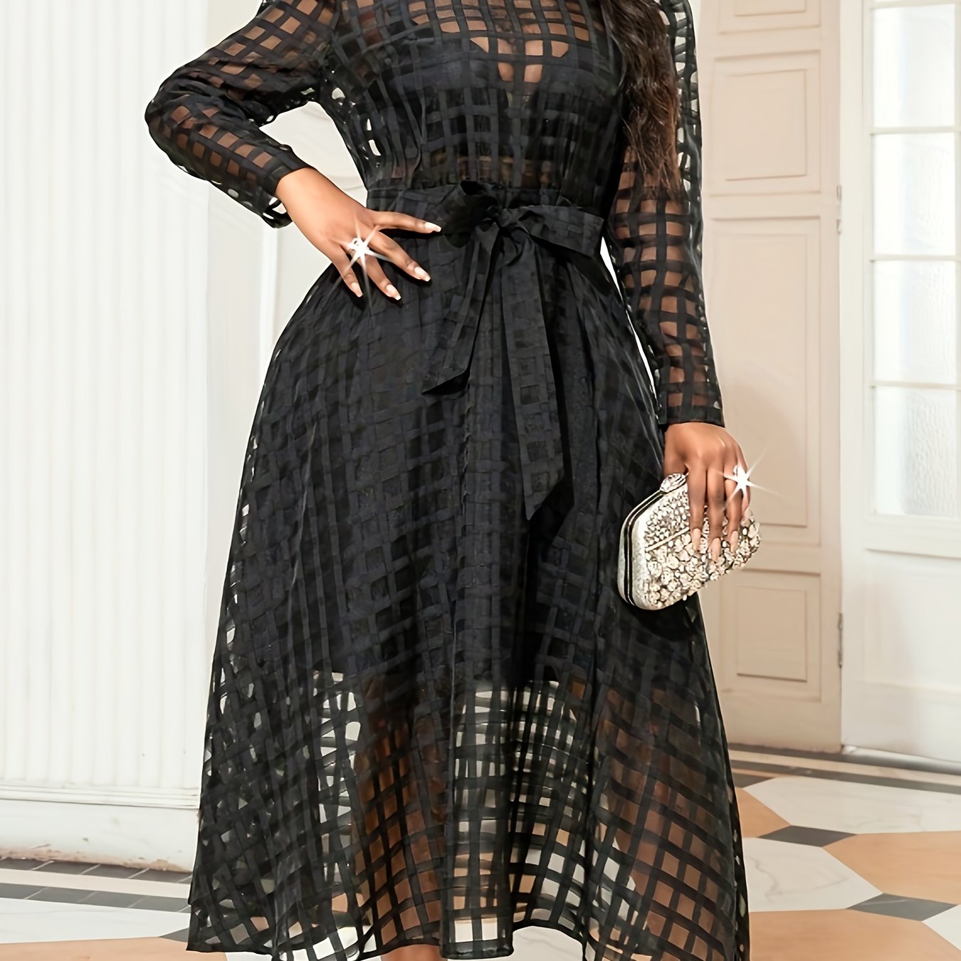 Plus Size Women's Black Grid Pattern Midi Dress With Belt Long Sleeve Flared Skirt