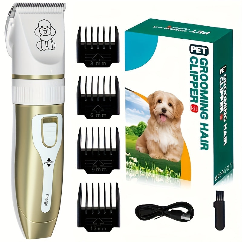 Pet Grooming Kit with USB Rechargeable Electric Clippers and Brush Set for Dogs and Cats, Ceramic Blades, 6mm and 12mm Combs