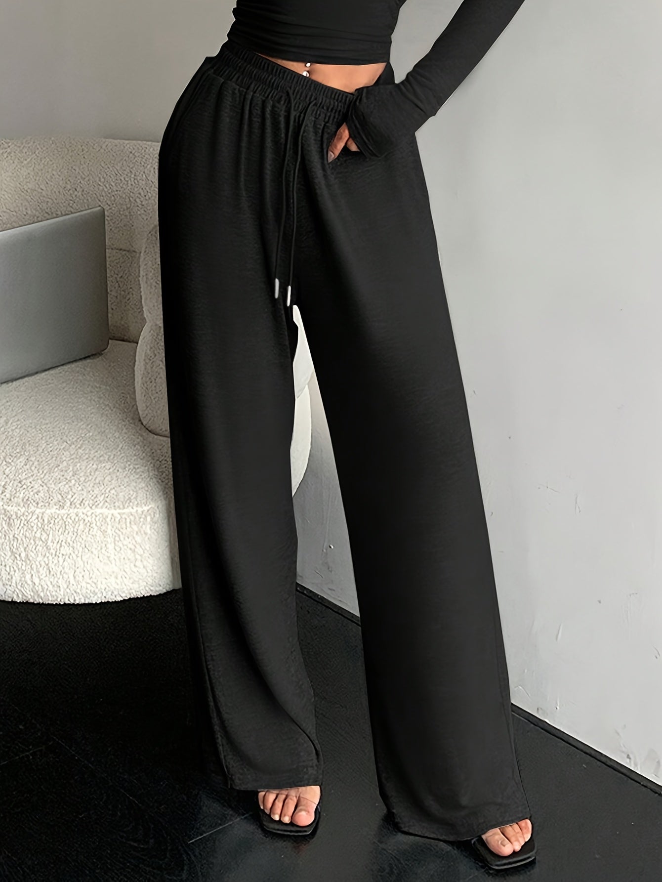 Women's High-Waist Drawstring Wide Leg Pants Solid Color Spring Fall Casual