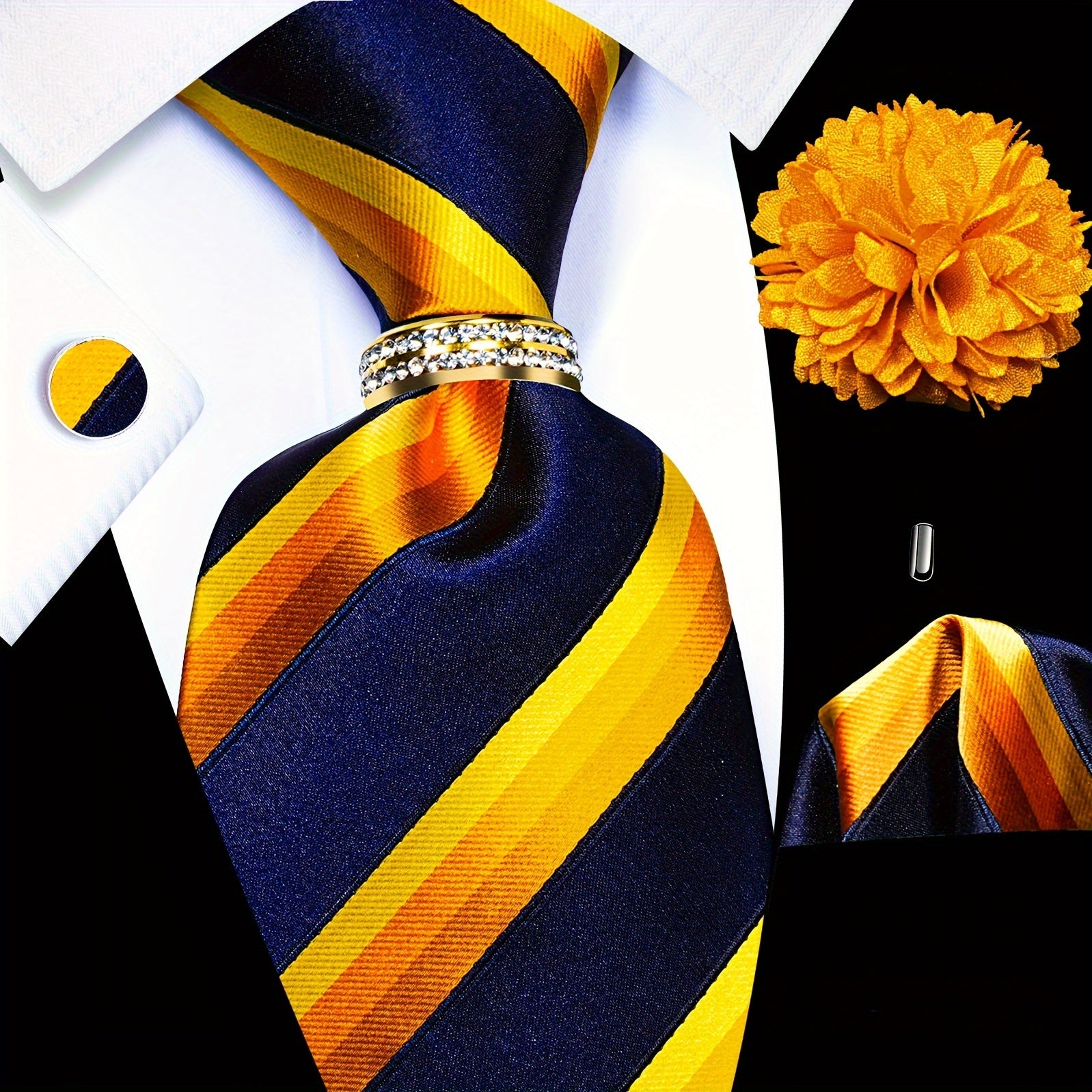 Men's Accessories Set Tie Pocket Square Cufflinks Lapel Pin Tie Ring for Wedding Groom