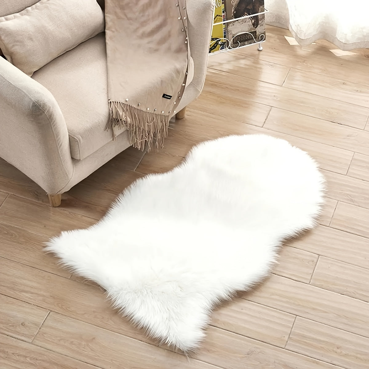 Alfombra de pelo sintético blanca, alfombra de área shaggy, peluche de piel de oveja, funda para silla
