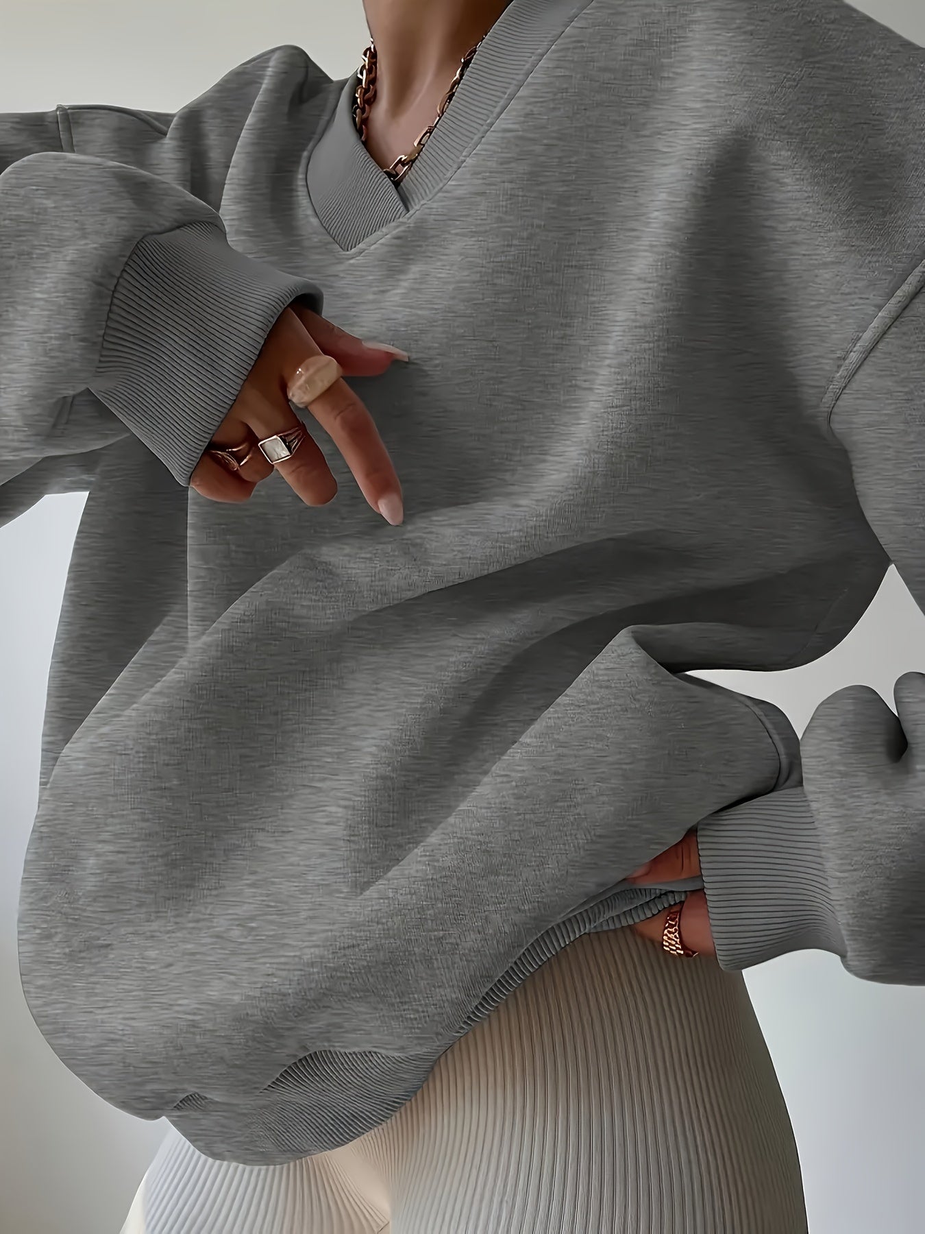 Толстовка женская большого размера с V-образным вырезом, в рубчик, цвет Heather Gray, оверсайз