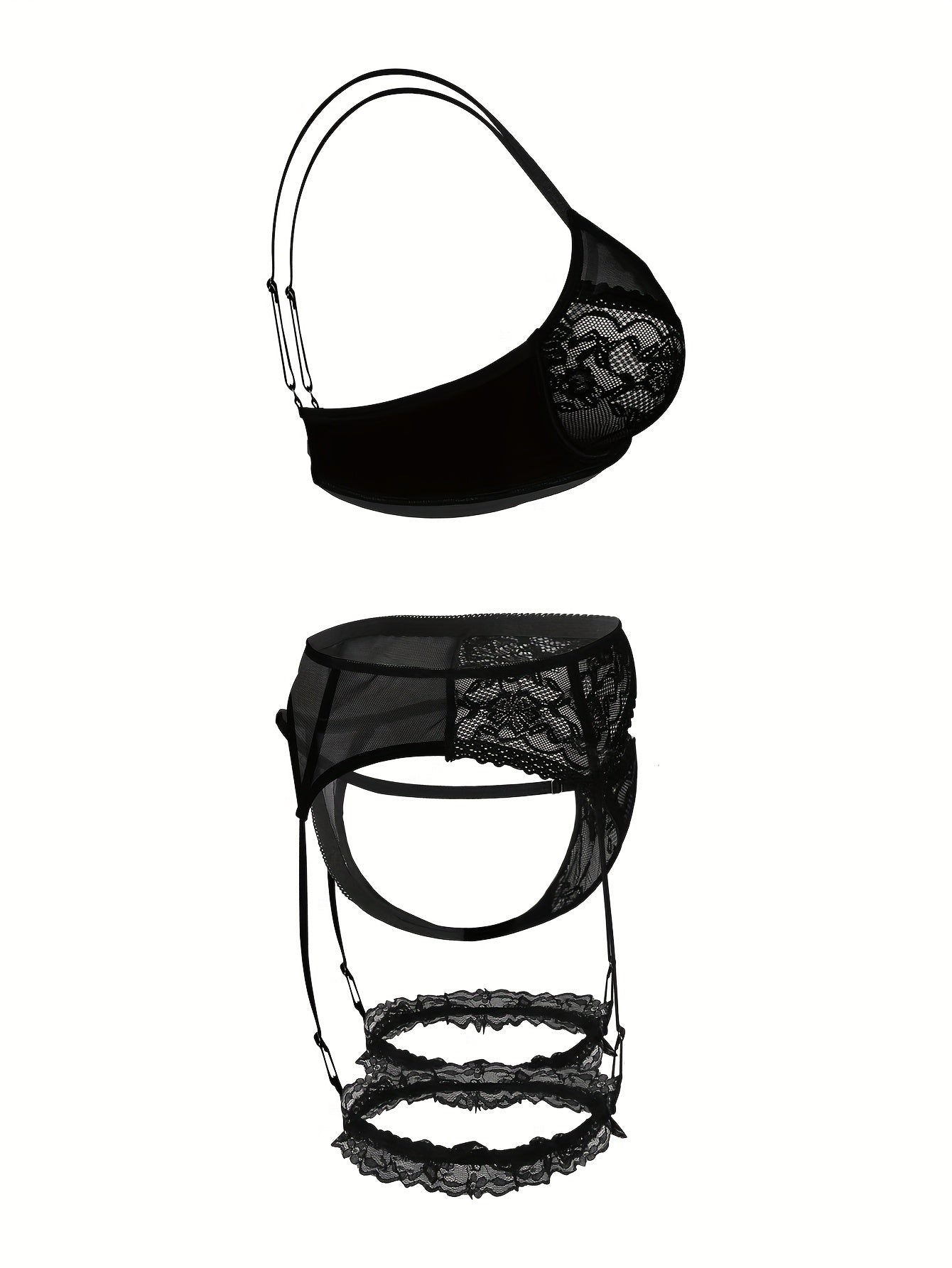 Ayollar uchun katta o'lchamdagi ichki kiyimlar to'plami, gul naqshli tikanli bra, thong, gartyer, kamar va oyoq uzuklari