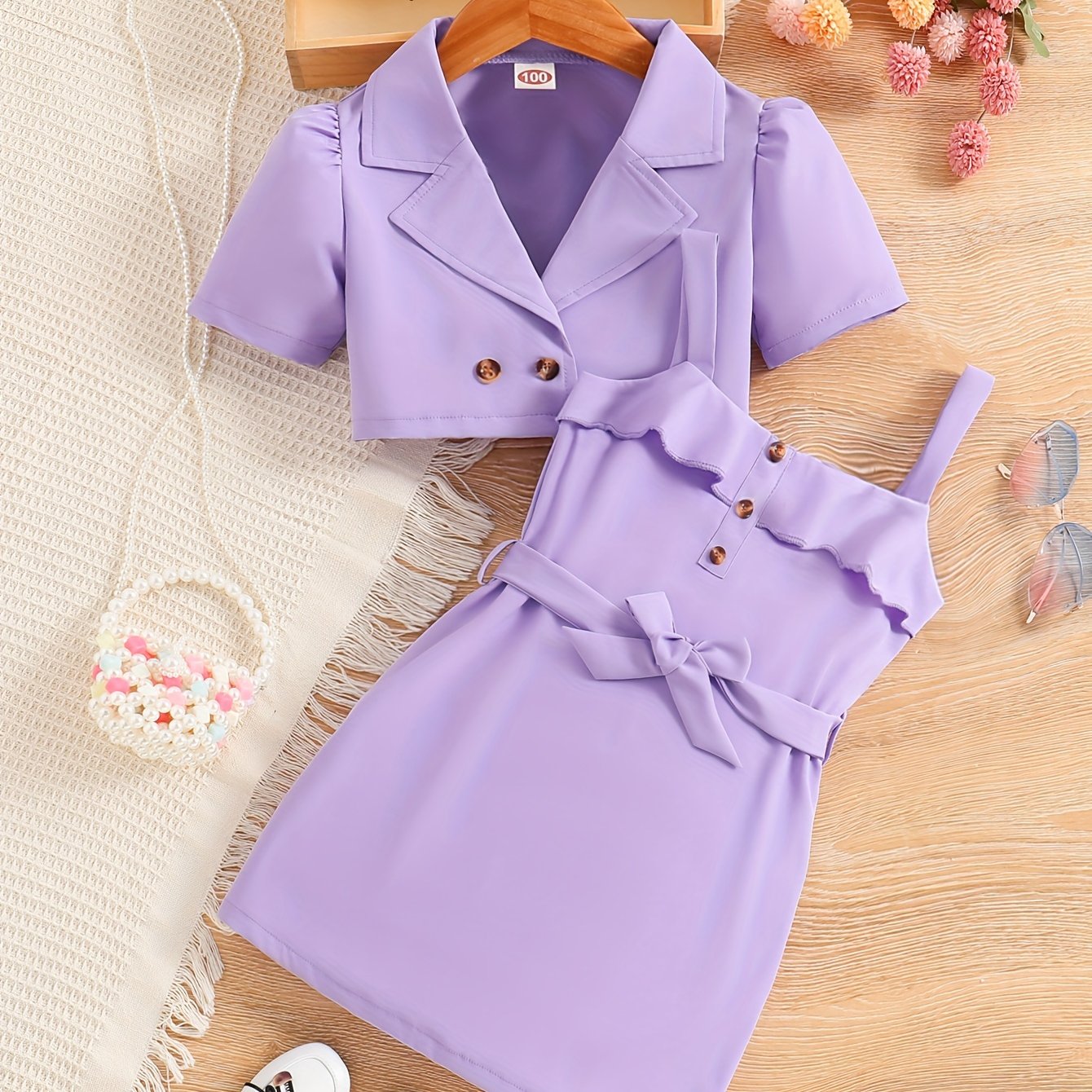 Girls Summer Outfit Light Pink Short Sleeve Blazer and Sundress Set for Kids