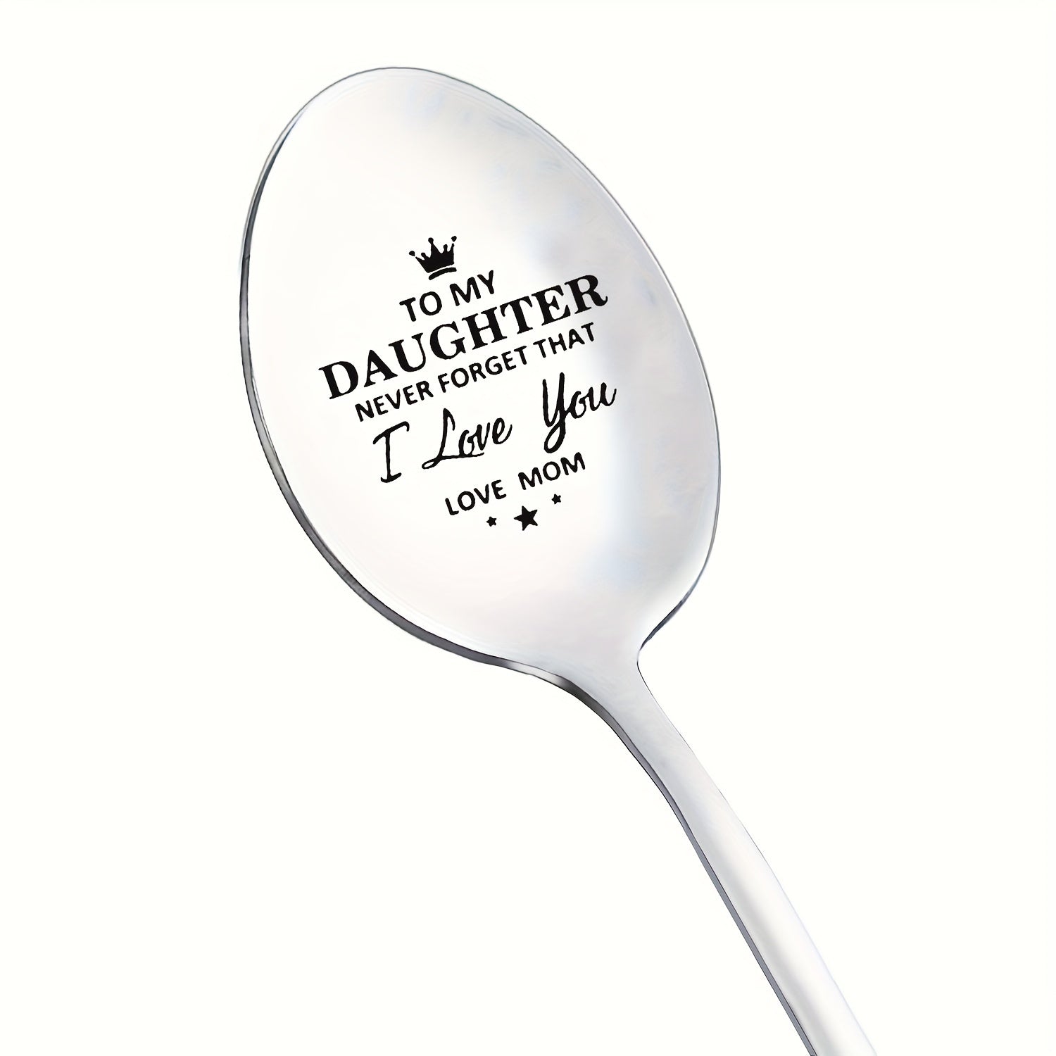 "Qizingiz yoki o'g'lingiz uchun samimiy xabar bilan o'yilgan zanglamas po'lat qoshiq - yaqinlaringiz uchun mukammal sovg'a, qahva yoki choy uchun mos, tug'ilgan kunlar, Rojdestvo, Halloween, Otalar kuni yoki shunchaki sabab bilan ideal."