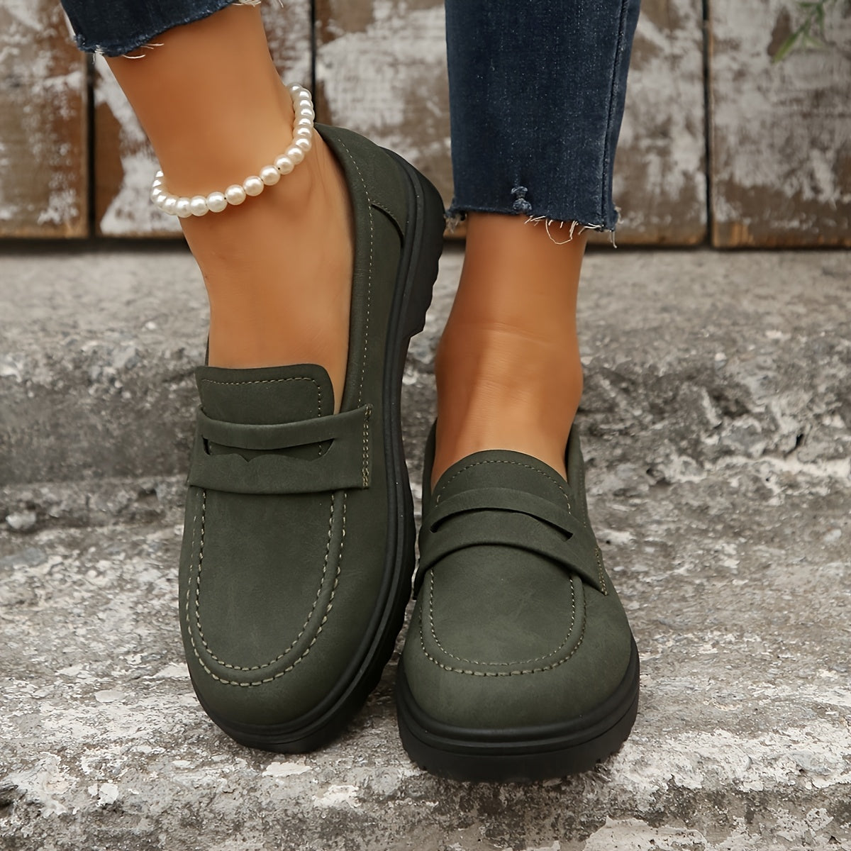 Women Olive Green PU Loafers Slip-On Moccasins Casual Dressy Shoes