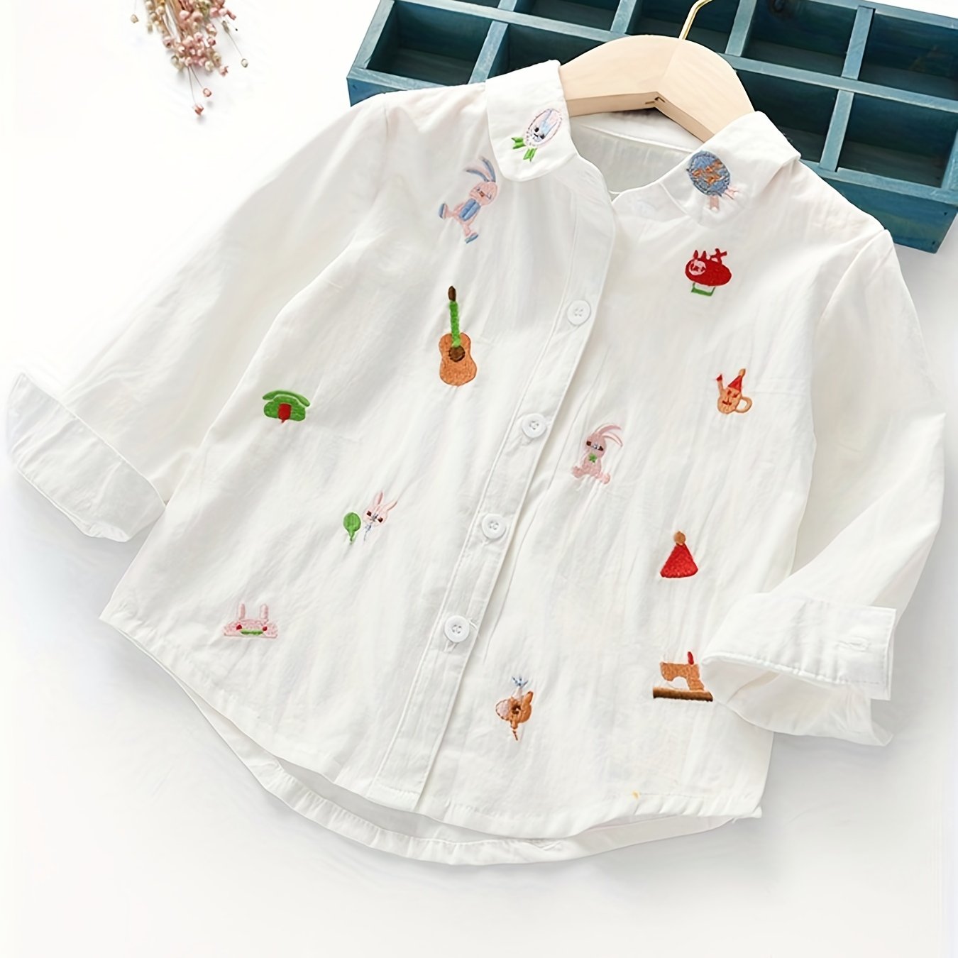 Girls Cotton Shirt with Embroidery, Long Sleeves, Ruffled Cuffs, Spring Fall Casual