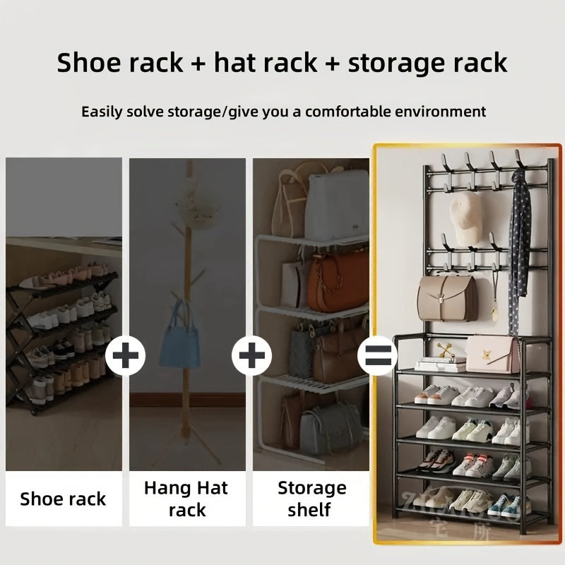 Stainless Steel Shoe Rack with Hooks Multi-Purpose Organizer for Shoes Coats and Boots