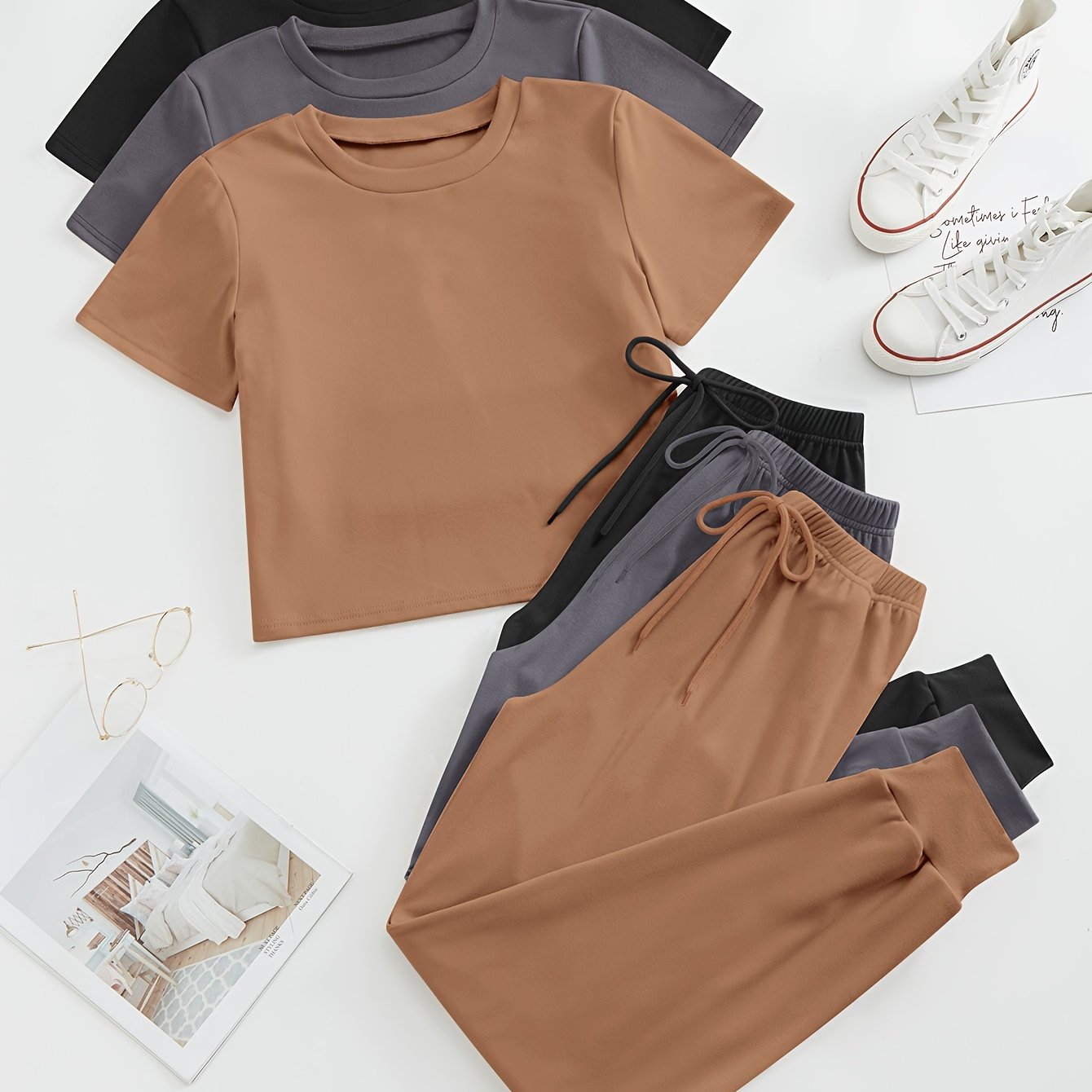 Women's 3-Piece Lounge Set Crew Neck Top and Lace-Up Pants Solid Color Micro Elastic Polyester