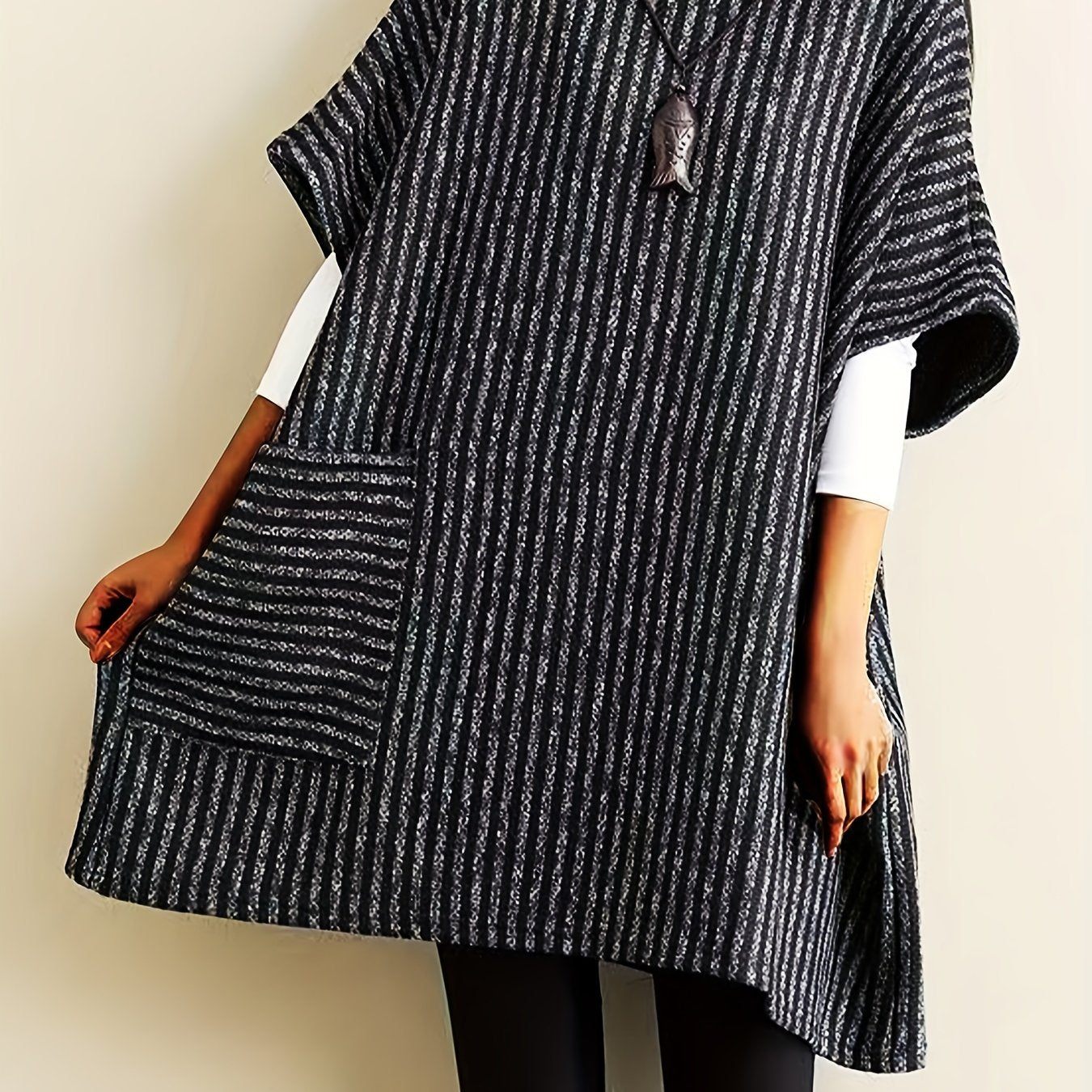 Plus Size Women's Striped High Neck Sweater Casual Pullover with Pockets