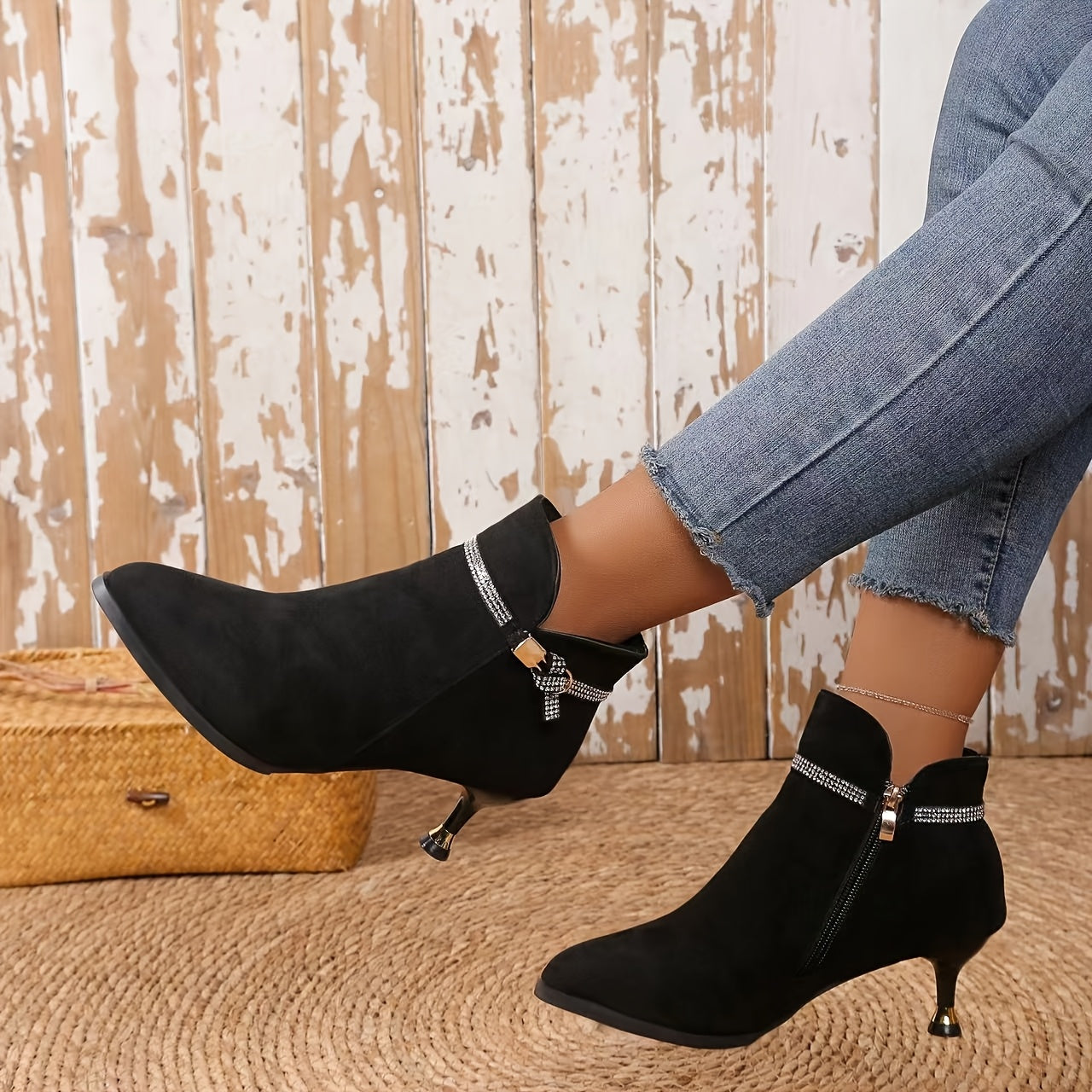 Women's Velour Metal Buckle Ankle Boots with Pointed Mid-Heels