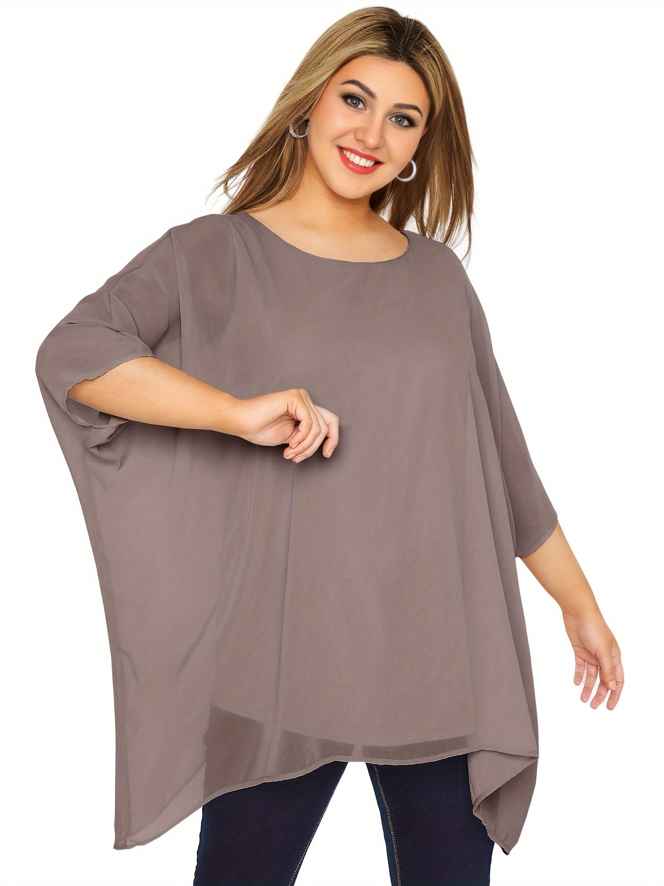 Plus Size Women's Batwing Sleeve Casual Crew Neck Solid Top