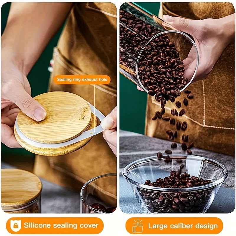 Tarro de almacenamiento de vidrio hermético con tapa de bambú y cuchara para especias de cocina, arroz, café, caramelos