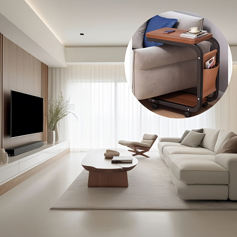 Modern Minimalist Rolling Side Table with Pull-Out Cabinet for Living Room or Bedroom