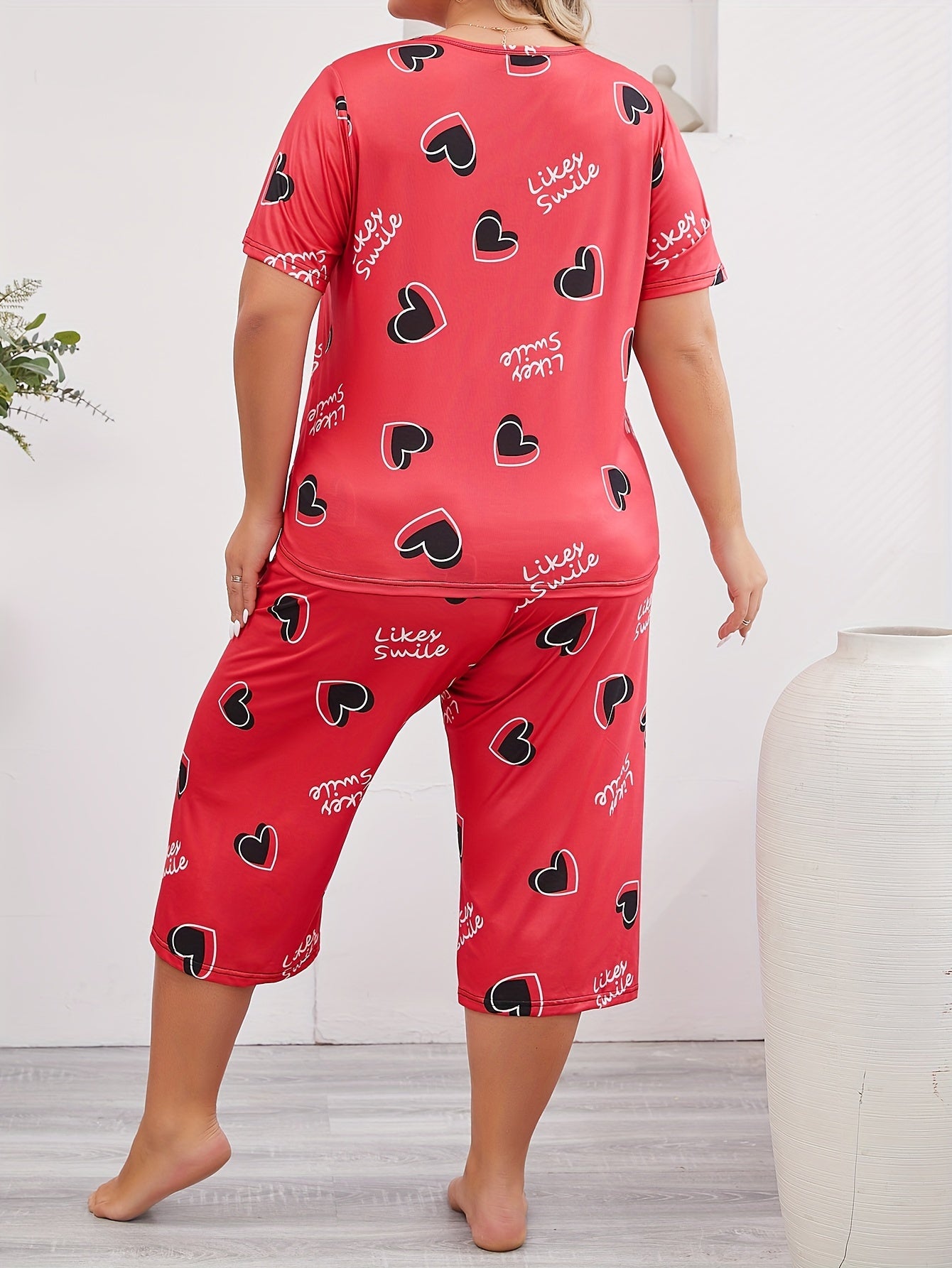 Women's Plus Size Heart and Letter Print Pajama Set Short Sleeve Lounge Two Piece