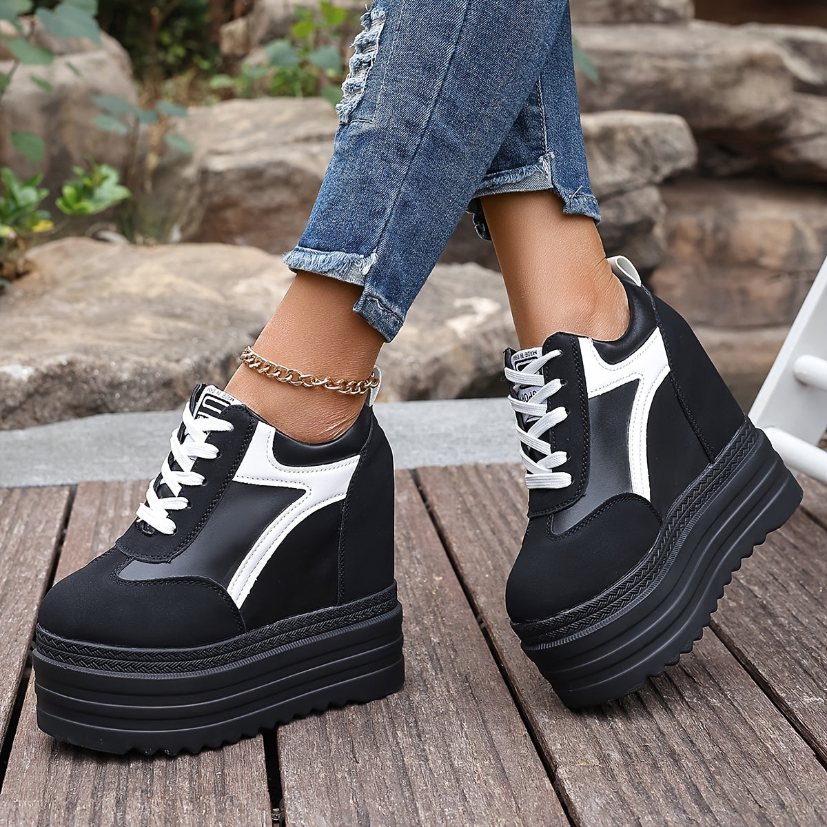 Women's Fashion Sneakers Casual Lace-Up Shoes with Thick Sole and High Heels
