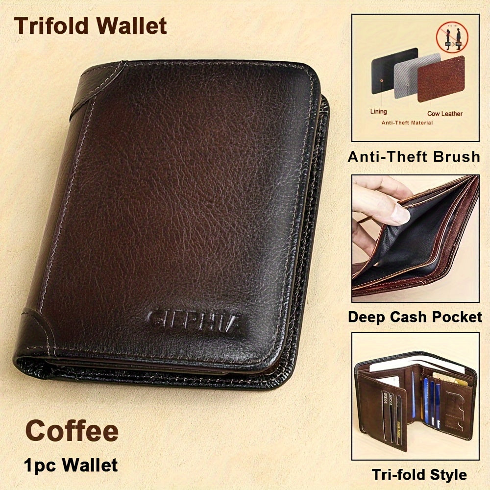 Vintage Genuine Leather Wallet for Men RFID Blocking Deep Brown Slim Bi-Fold