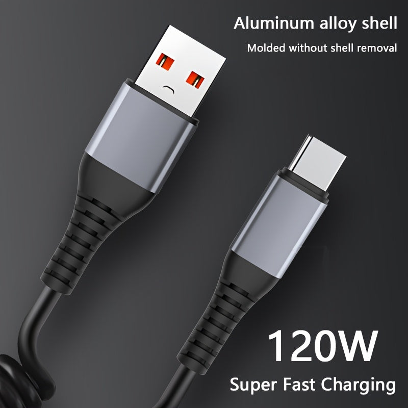 120W Fast Charging USB C to Type-C Cable Flat PVC Spring Retractable Data Transfer Compatible with Huawei Samsung Apple OPPO VIVO