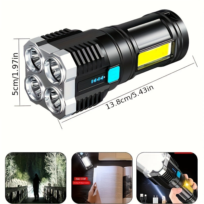 USB Rechargeable LED Flashlight with 4 Modes and COB Side Light for Outdoor Activities