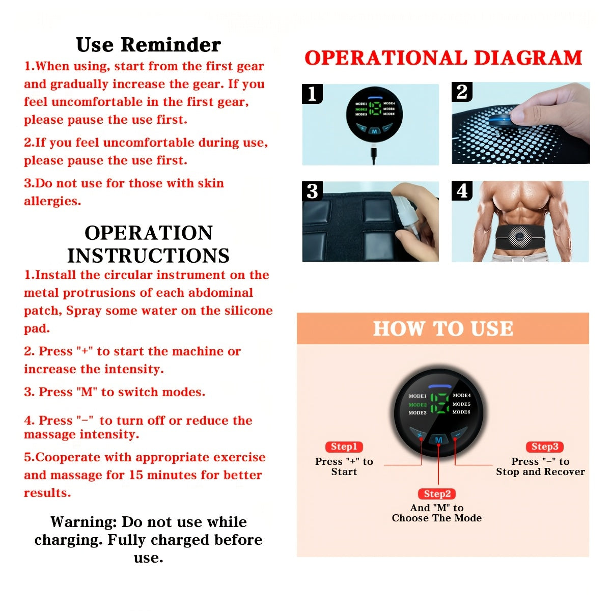 6 rejim va 18 intensivlikka ega to'liq tana mushaklarini bo'shatish uchun qayta zaryadlanadigan EMS massaj qurilmasi.