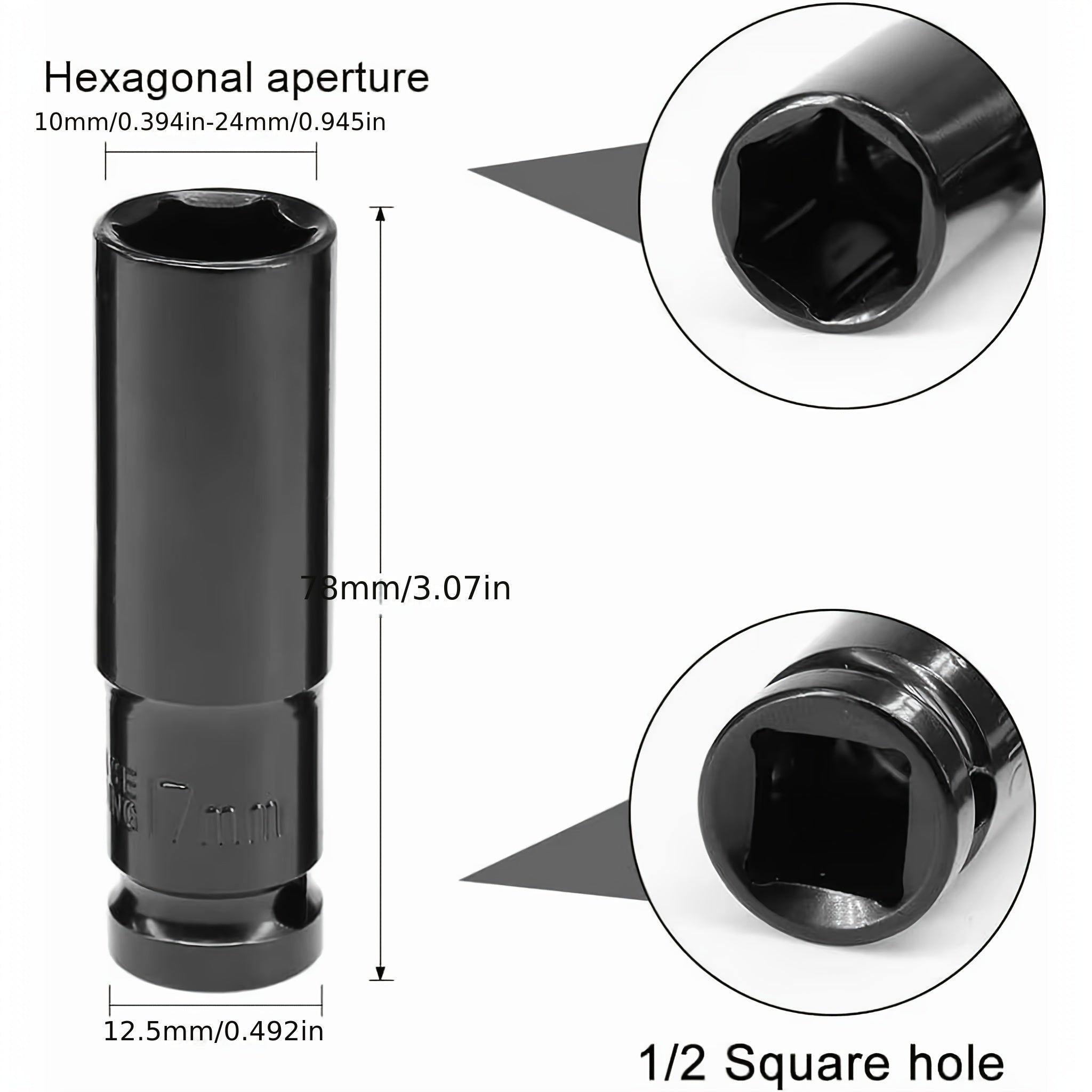 10Pcs Socket Head Set 10-24mm with Impact Wrench Adapter Heavy-Duty Carbon Steel