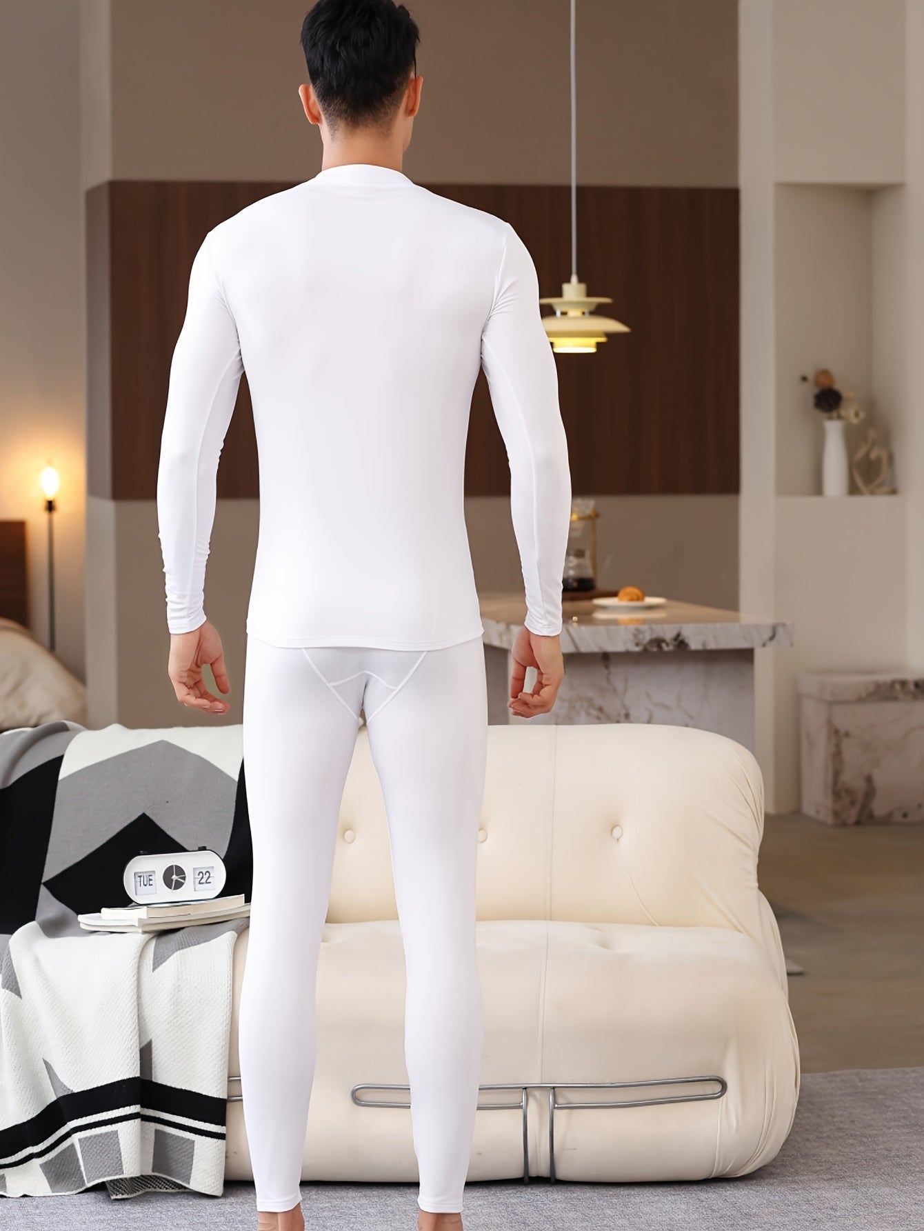 Conjunto de ropa interior térmica para hombre, forrado de felpa, de color sólido y ajuste elástico para invierno