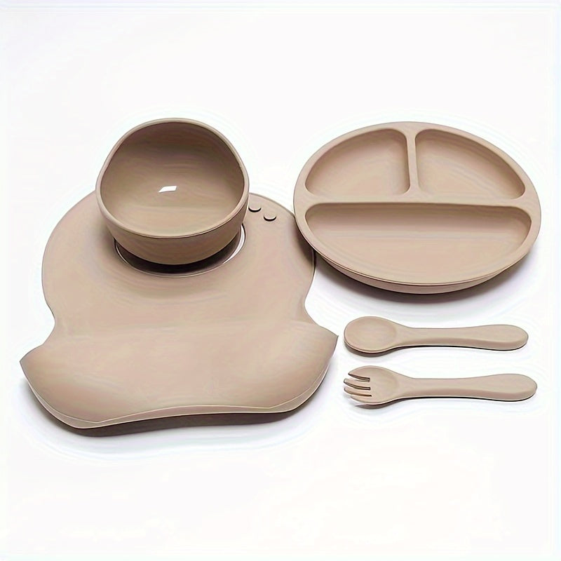 Juego de vajilla de silicona para niños con cuenco, plato dividido, cuchara, tenedor, babero impermeable