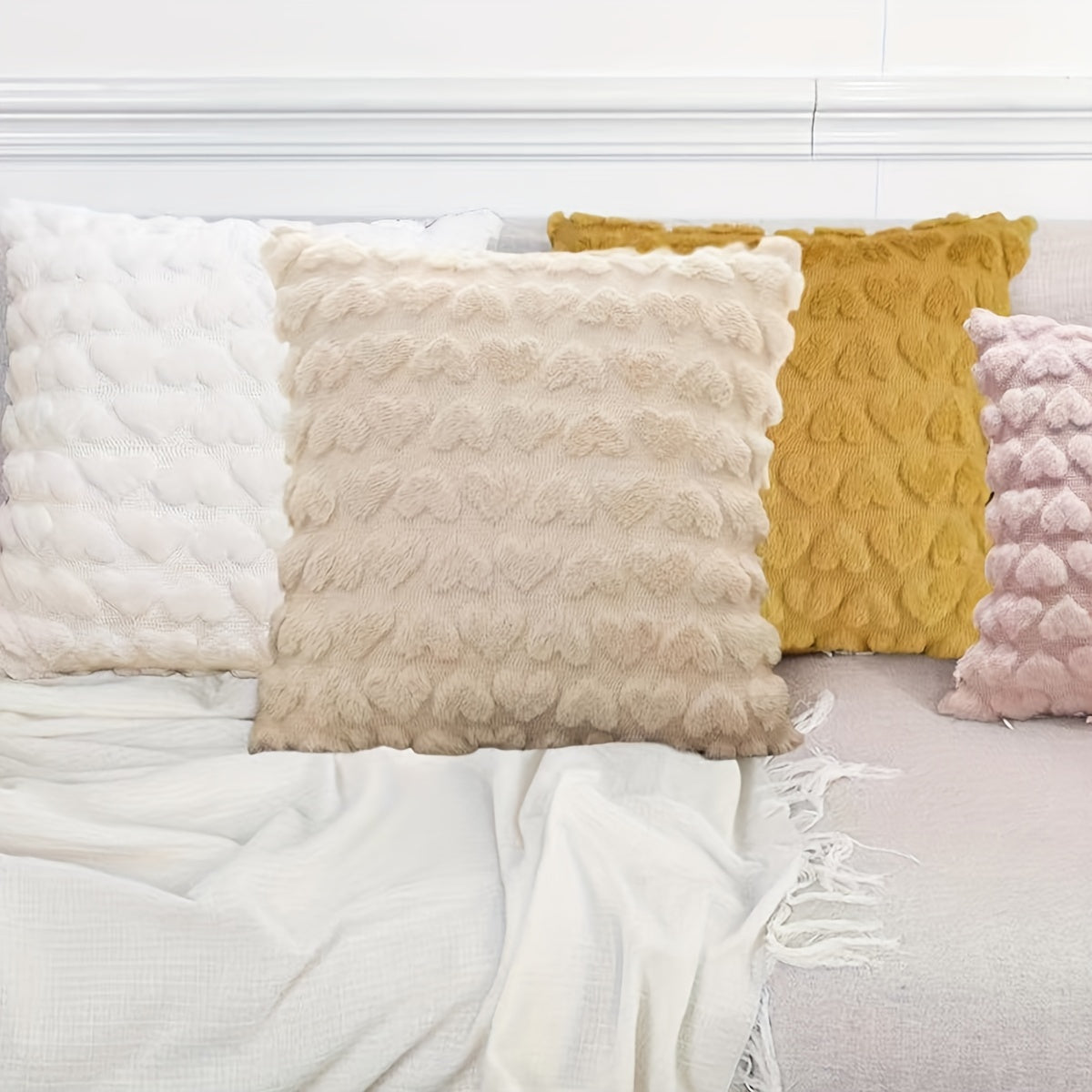 Beige Faux Fur Wool Decorative Throw Pillow Covers 18x18 for Couch Sofa