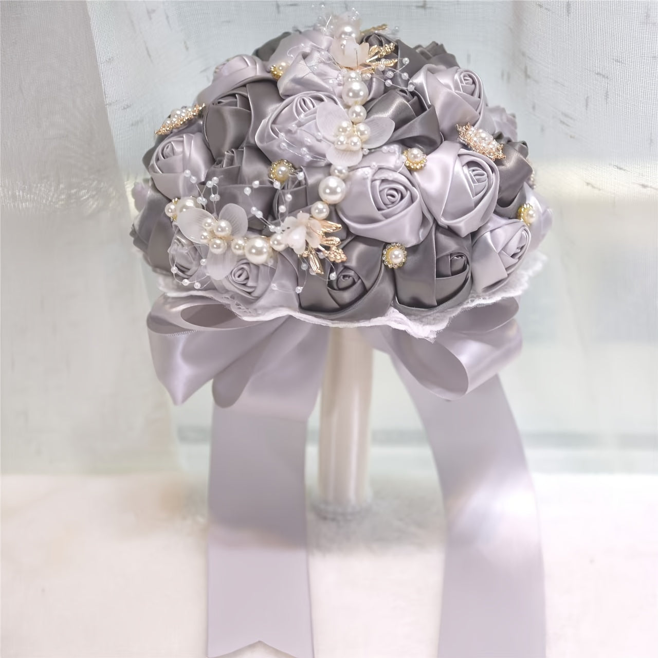 Satin Rose Wedding Bouquet Handcrafted Bridal Wrist Corsage Blue White for Bridesmaids and Events