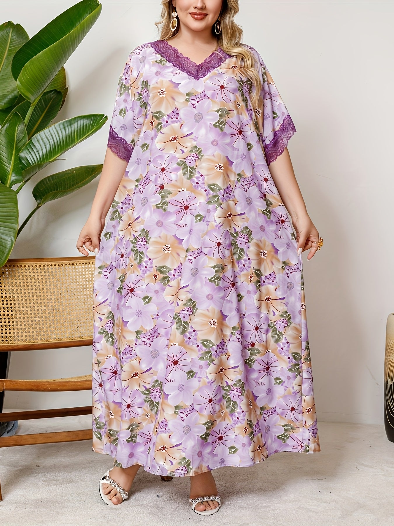 Plus Size Floral V-Neck Tunic Dress with Lace Details Polyester Woven All-Season