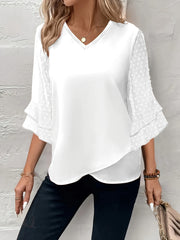 Plus Size Women's V-Neck Blouse with Ruffle Sleeves Solid Color Lightweight Polyester