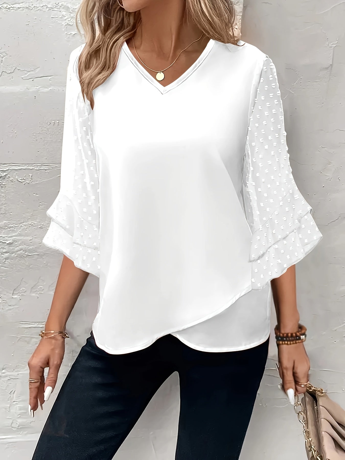 Plus Size Women's V-Neck Blouse with Ruffle Sleeves Solid Color Lightweight Polyester