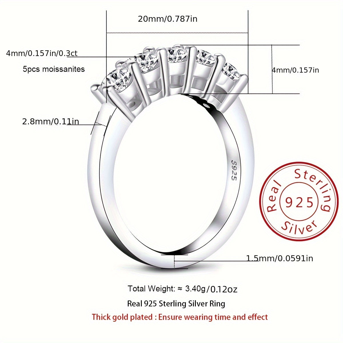 Sterling Silver Moissanite Engagement Ring 0.3CT Five Stone Wedding Jewelry