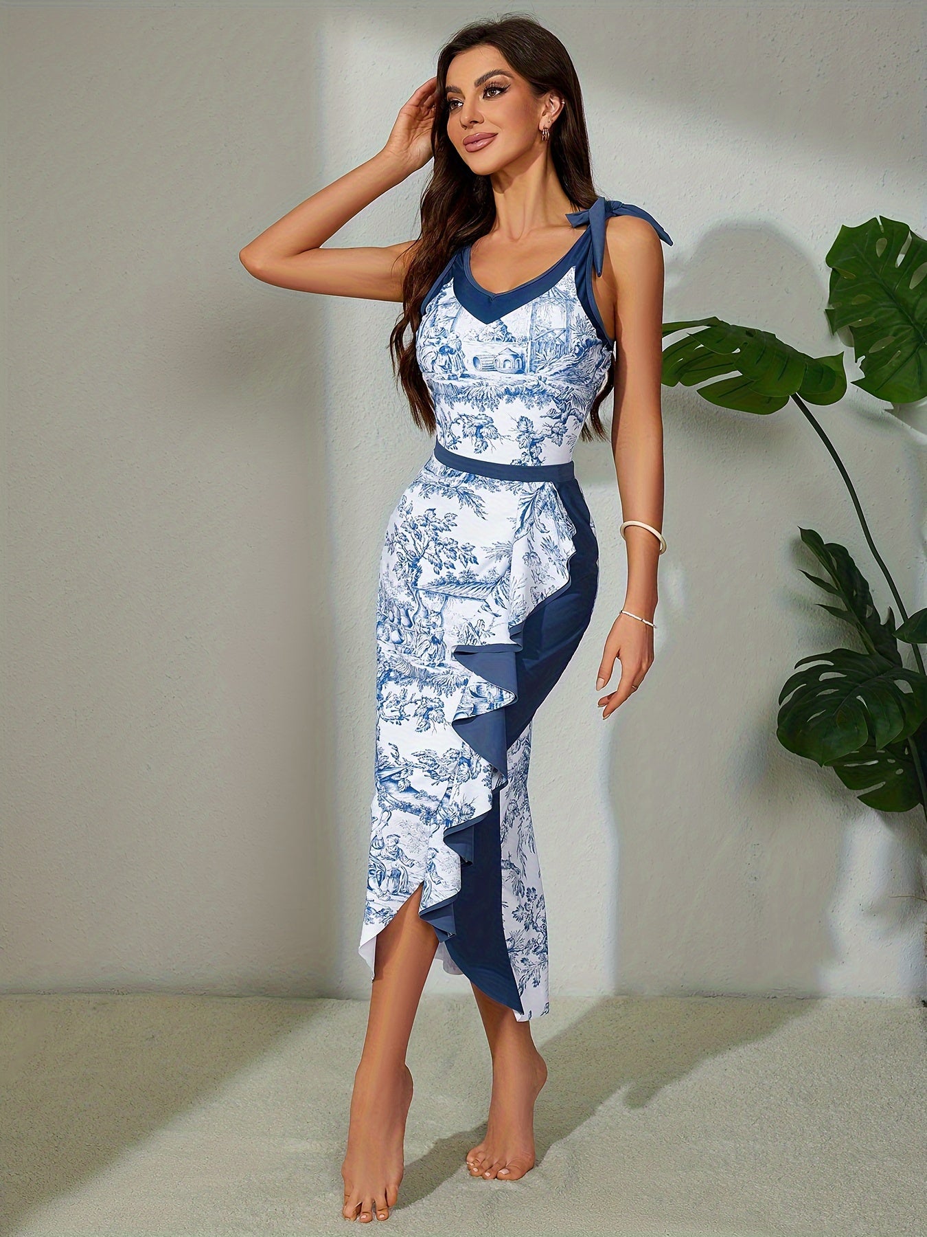 Women's V Neck Bow Tie Shoulder Straps One-Piece Swimsuit Set with Cover Up Skirt Summer