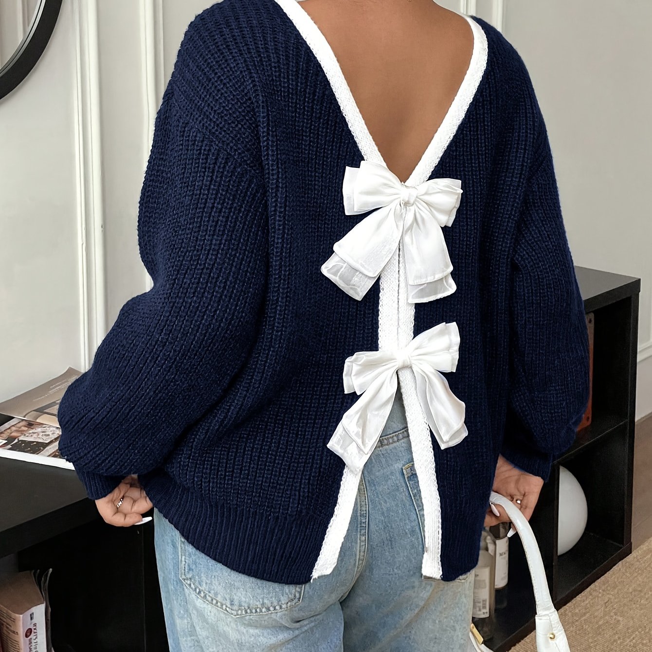 Suéter verde de talla grande para mujer con lazo blanco de manga larga y cuello redondo