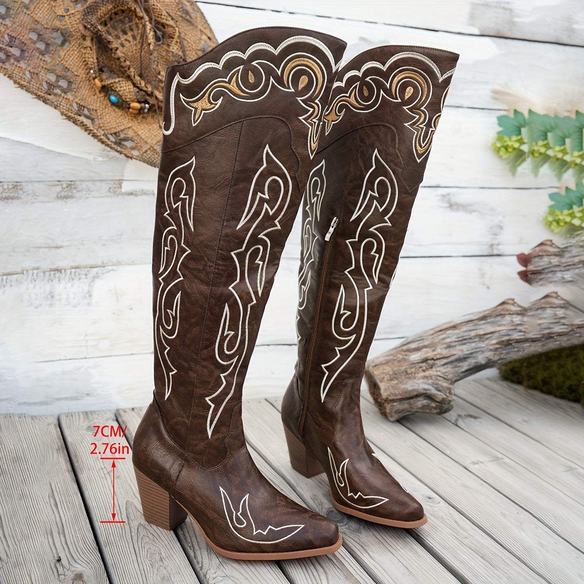 Women's Faux Leather Western Boots with Zipper, Brown White Embroidery