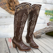Women's Faux Leather Western Boots with Zipper, Brown White Embroidery