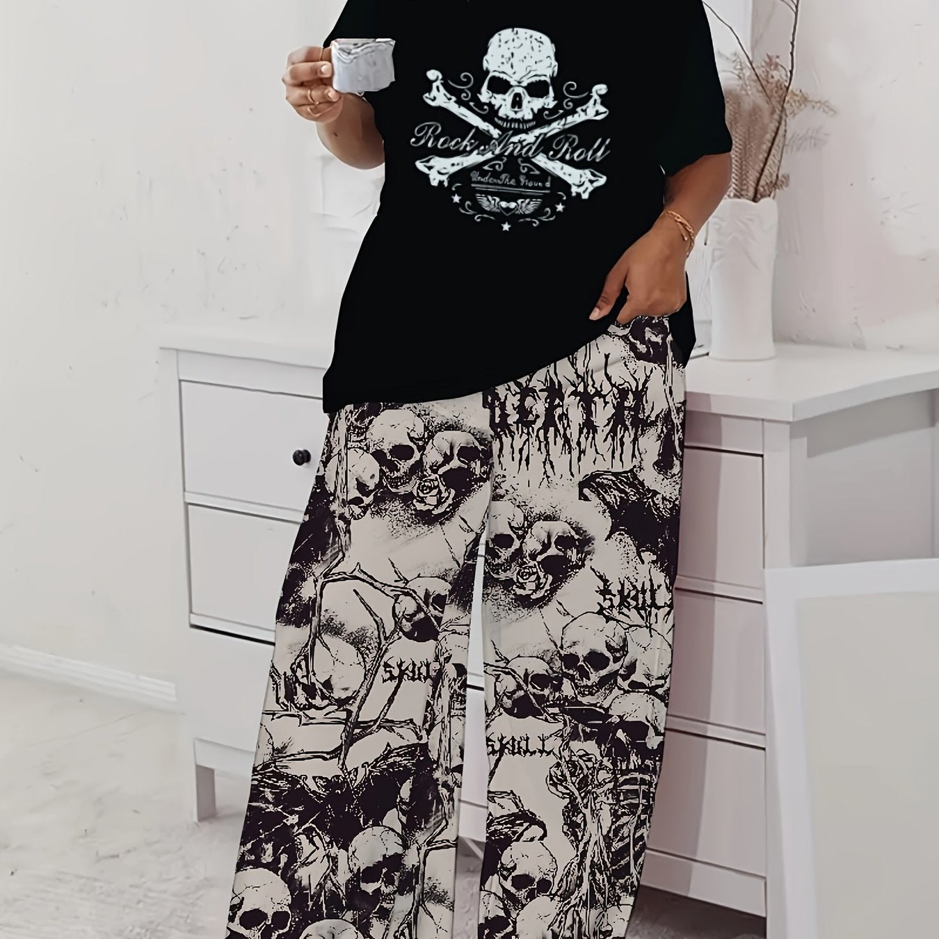 Women's Pajama Set Loose Short Sleeves Gothic Skull Print Nightwear